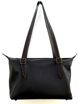 A.A.Les Sacs à M'Alice, Sac à main Vachette grainée marron et bandoulières en veau, devant