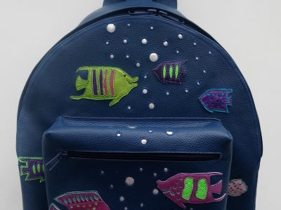 Alice Angevin, Les Sacs à M'Alice Grand Sac à Dos Ekilo T1, 42x33x14cm bleu poissons, devant