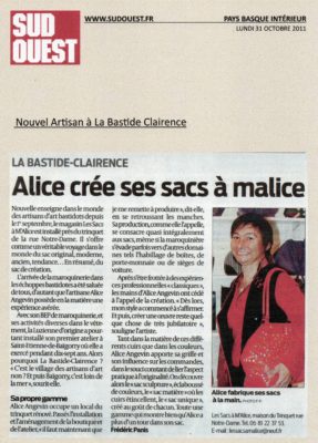 Alice Angevin, Les Sacs à M'Alice 2011-10 Article Presse Sud Ouest